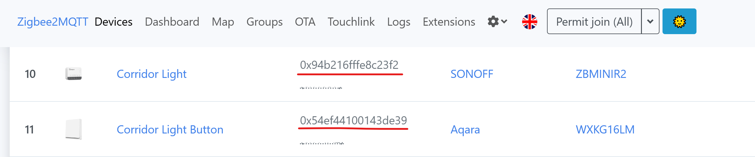 &ldquo;IEEE Addresses of corridor lights button and corridor smart switch.&rdquo;