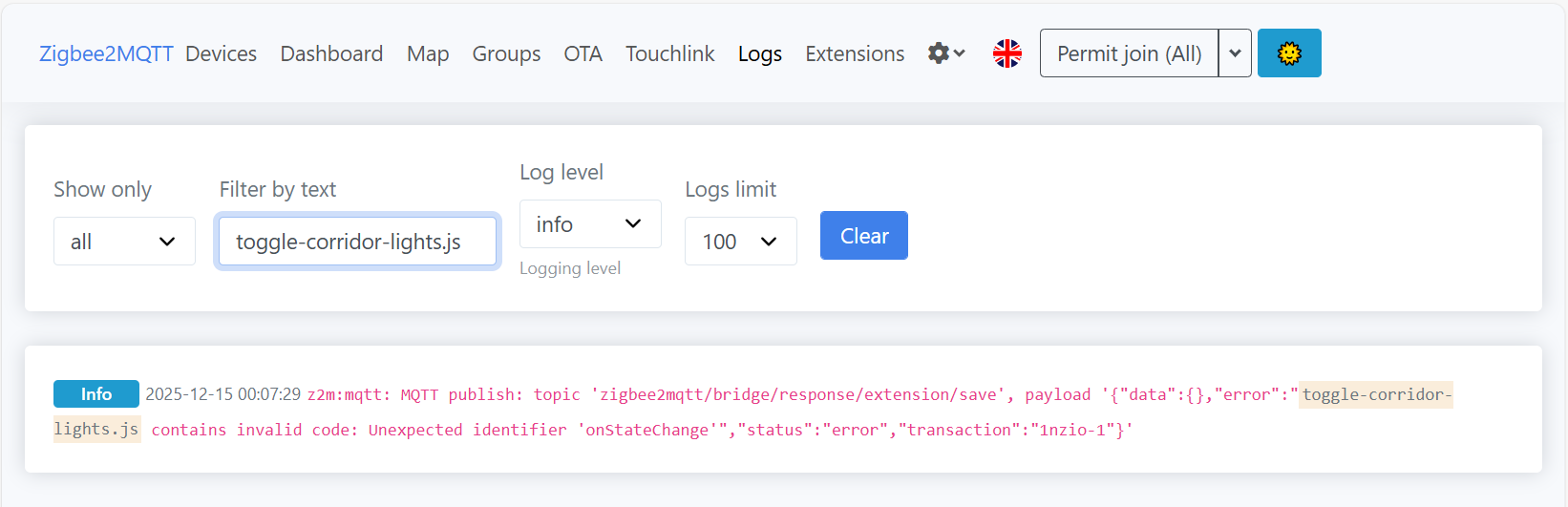 &ldquo;Logs tab with messages filtered with &lsquo;corridor&rsquo; message.&rdquo;