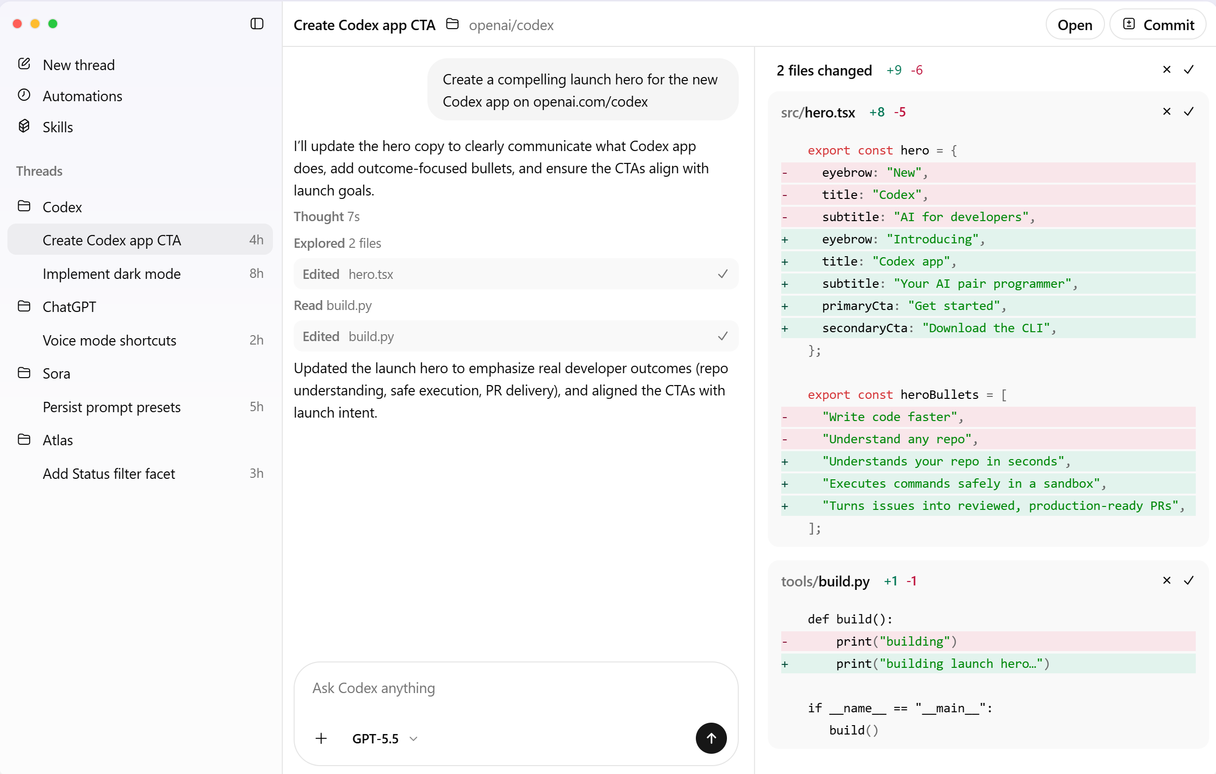 OpenAI Codex GUI. Prompting panel is the central component of the window.