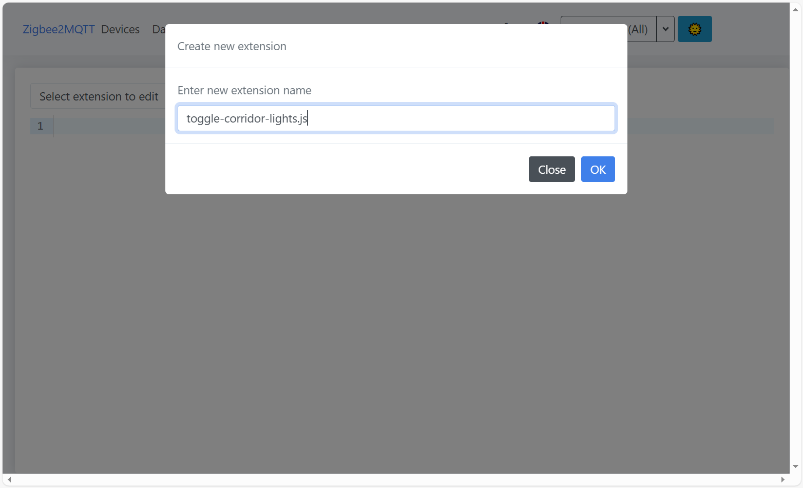 Extension filename modal “Extension filename modal with toggle-corridor-lights.js input.”